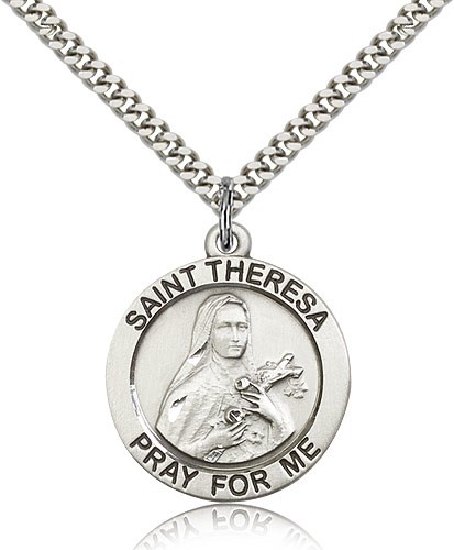 St. Theresa Medal, Sterling Silver - 24" 2.4mm Rhodium Plate Endless Chain