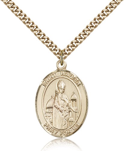 St. Walter of Pontnoise Medal, Gold Filled, Large - 24" 2.4mm Gold Plated Chain + Clasp