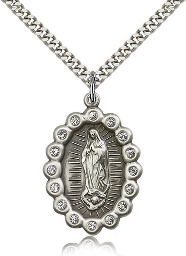 Our Lady of Guadalupe Medal, Sterling Silver - 24" 2.4mm Rhodium Plate Endless Chain