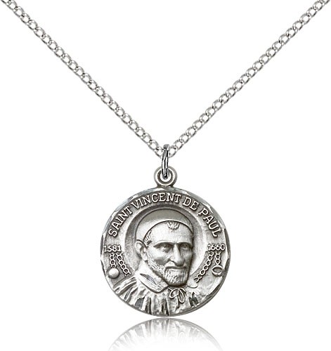 St. Vincent De Paul Medal, Sterling Silver - 18" 1.2mm Sterling Silver Chain + Clasp