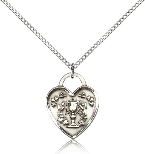 Communion Heart Medal, Sterling Silver - 18" 1.2mm Sterling Silver Chain + Clasp