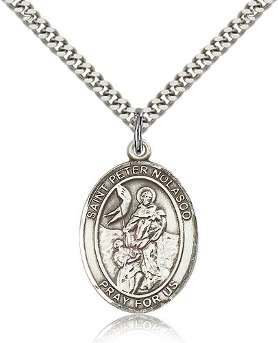 St. Peter Nolasco Medal, Sterling Silver, Large - 24" 2.4mm Rhodium Plate Chain + Clasp