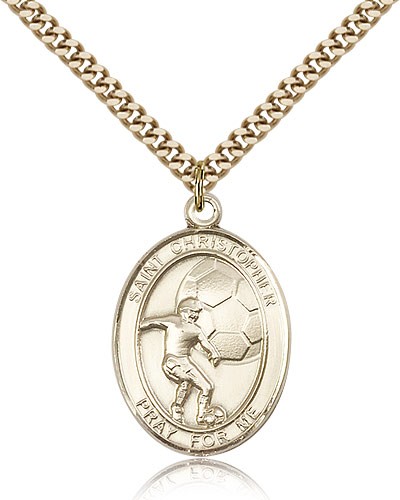 St. Christopher Soccer Medal, Gold Filled, Large - 24" 2.4mm Gold Plated Chain + Clasp