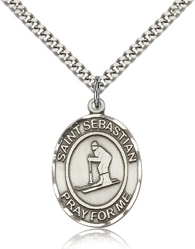 St. Sebastian Skiing Medal, Sterling Silver, Large - 24" 2.4mm Rhodium Plate Chain + Clasp