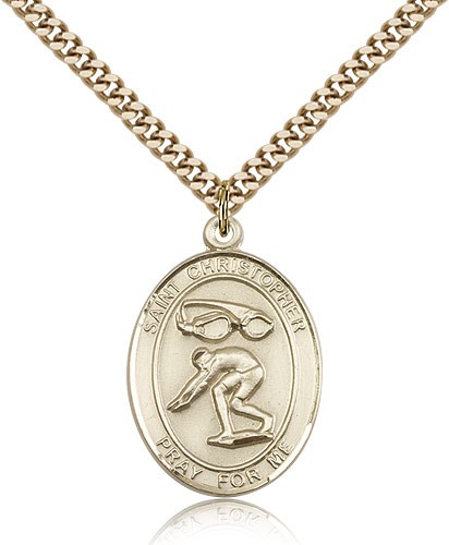 St. Christopher Swimming Medal, Gold Filled, Large - 24" 2.4mm Gold Plated Chain + Clasp