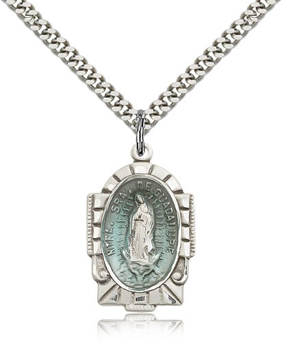 Our Lady of Guadalupe Medal, Sterling Silver - 24" 2.4mm Rhodium Plate Endless Chain