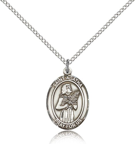 St. Agatha Medal, Sterling Silver, Medium - 18" 1.2mm Sterling Silver Chain + Clasp