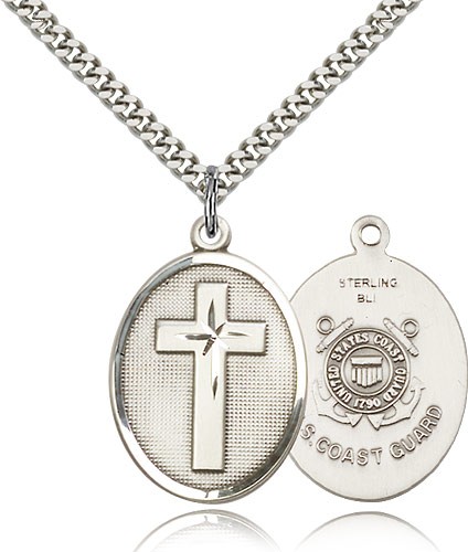 Coast Guard Cross Pendant, Sterling Silver - 24" 2.4mm Rhodium Plate Endless Chain