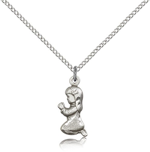 Praying Girl Medal, Sterling Silver - 18" 1.2mm Sterling Silver Chain + Clasp