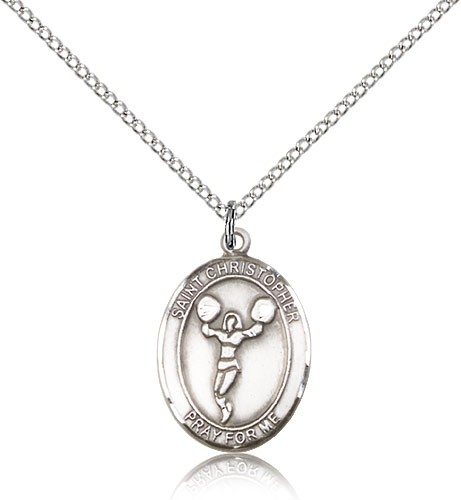 St. Christopher Cheerleading Medal, Sterling Silver, Medium - 18" 1.2mm Sterling Silver Chain + Clasp