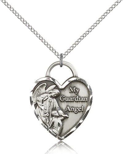 Guardian Angel Heart Medal, Sterling Silver - 18" 1.2mm Sterling Silver Chain + Clasp