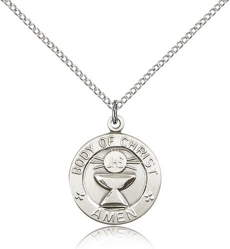 Body of Christ Medal, Sterling Silver - 18" 1.2mm Sterling Silver Chain + Clasp