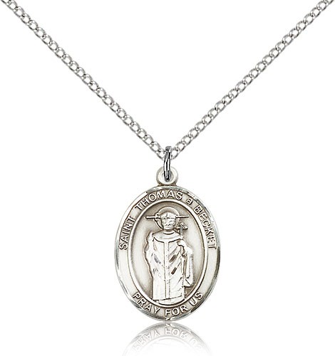 St. Thomas A Becket Medal, Sterling Silver, Medium - 18" 1.2mm Sterling Silver Chain + Clasp