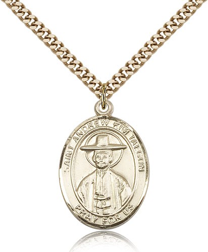 St. Andrew Kim Taegon Medal, Gold Filled, Large - 24" 2.4mm Gold Plated Chain + Clasp