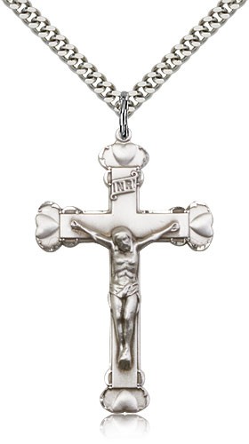 Crucifix Pendant, Sterling Silver - 24" 2.4mm Rhodium Plate Endless Chain