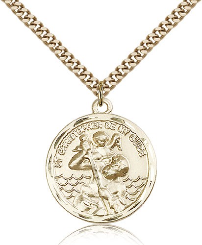 Round 14kt Gold Filled Saint Christopher Medal - 24" 2.4mm Gold Plated Endless Chain
