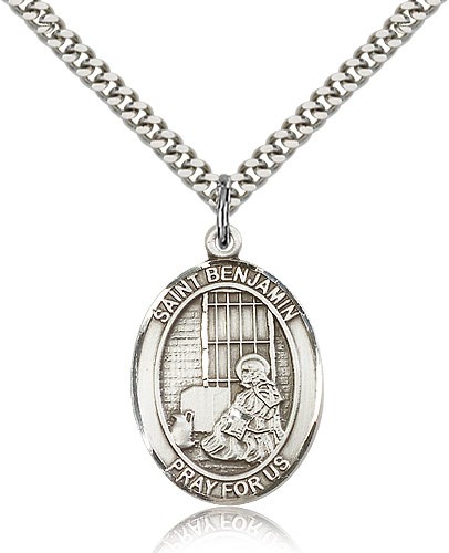 St. Benjamin Medal, Sterling Silver, Large - 24" 2.4mm Rhodium Plate Chain + Clasp