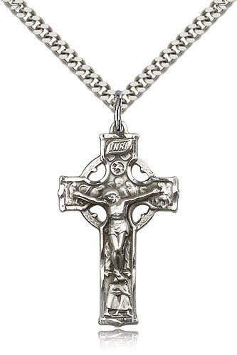 Celtic Crucifix Pendant, Sterling Silver - 24" 2.4mm Rhodium Plate Endless Chain