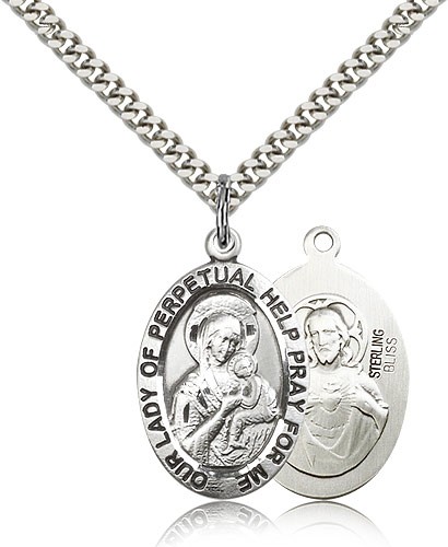 Our Lady of Perpetual Help Medal, Sterling Silver - 24" 2.4mm Rhodium Plate Endless Chain