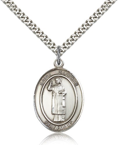 St. Stephen the Martyr Medal, Sterling Silver, Large - 24" 2.4mm Rhodium Plate Chain + Clasp