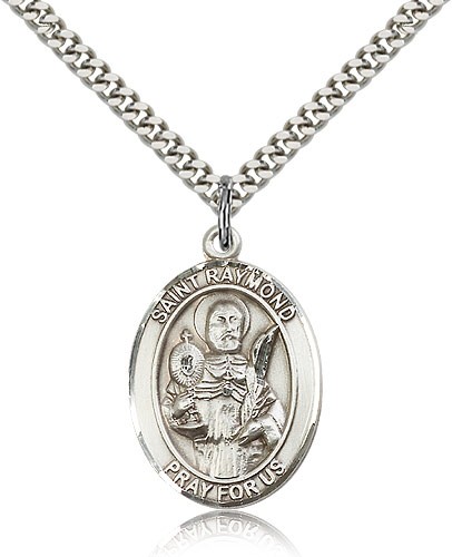 St. Raymond Nonnatus Medal, Sterling Silver, Large - 24" 2.4mm Rhodium Plate Chain + Clasp