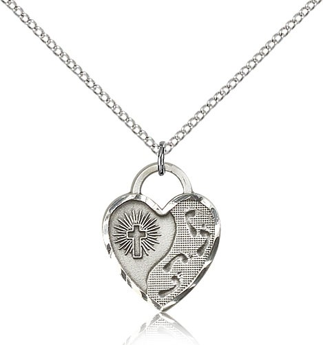 Footprints Heart Medal, Sterling Silver - 18" 1.2mm Sterling Silver Chain + Clasp