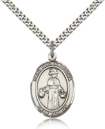 St. Nino De Atocha Medal, Sterling Silver, Large - 24" 2.4mm Rhodium Plate Chain + Clasp
