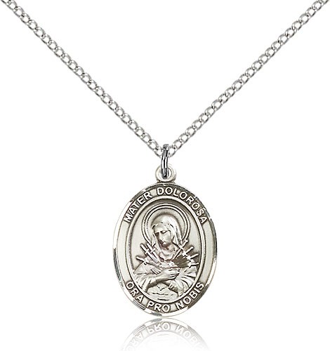 Mater Dolorosa Medal, Sterling Silver, Medium - 18" 1.2mm Sterling Silver Chain + Clasp