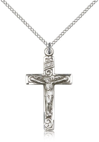 Crucifix Pendant, Sterling Silver - 18" 1.2mm Sterling Silver Chain + Clasp