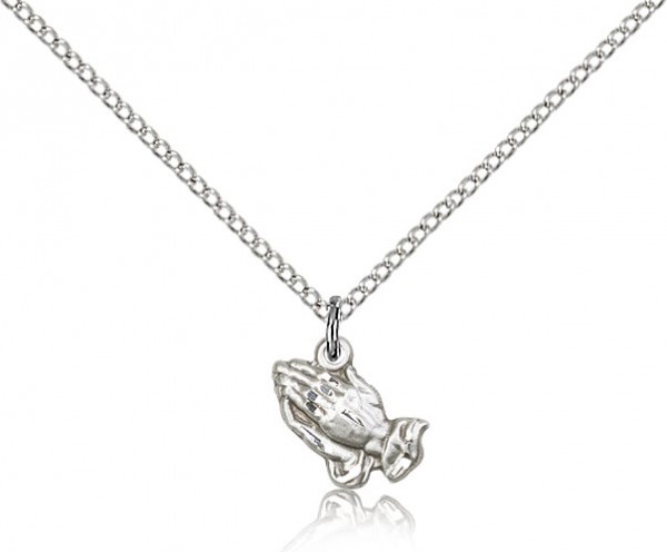 Praying Hands Medal, Sterling Silver - 18" 1.2mm Sterling Silver Chain + Clasp