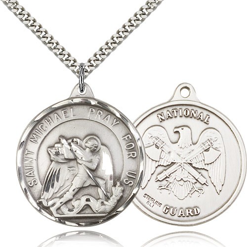 St. Joseph National Guard Medal, Sterling Silver - 24" 2.4mm Rhodium Plate Endless Chain