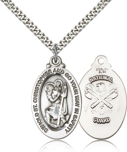 St. Christopher National Guard Medal, Sterling Silver - 24" 2.4mm Rhodium Plate Endless Chain