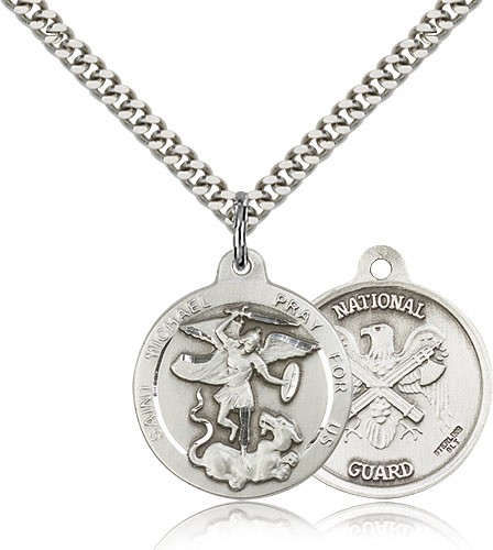 St. Michael National Guard Medal, Sterling Silver - 24" 2.4mm Rhodium Plate Endless Chain