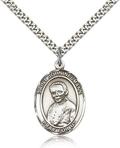 St. John Neumann Medal, Sterling Silver, Large - 24" 2.4mm Rhodium Plate Chain + Clasp