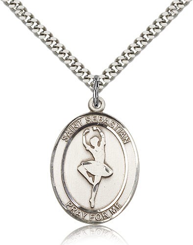 St. Sebastian Dance Medal, Sterling Silver, Large - 24" 2.4mm Rhodium Plate Chain + Clasp