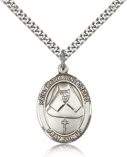 St. Katharine Drexel Medal, Sterling Silver, Large - 24" 2.4mm Rhodium Plate Chain + Clasp