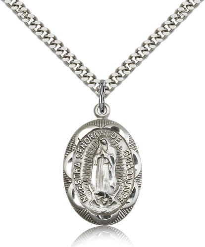 Our Lady of Guadalupe Medal, Sterling Silver - 24" 2.4mm Rhodium Plate Endless Chain