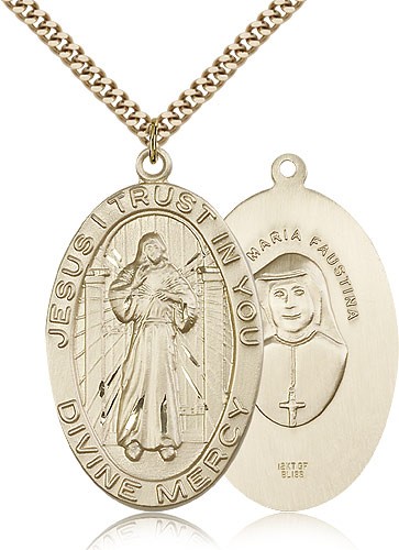 Divine Mercy Medal, Gold Filled - 24" 2.4mm Gold Plated Endless Chain