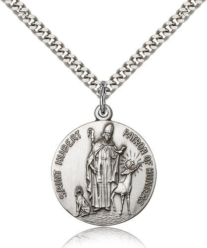 Men's Round Sterling Silver St. Hubert of Li&egrave;ge Medal - 24" 2.4mm Rhodium Plate Endless Chain