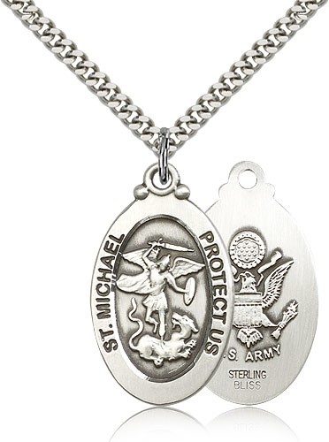St. Michael Army Medal, Sterling Silver - 24" 2.4mm Rhodium Plate Endless Chain
