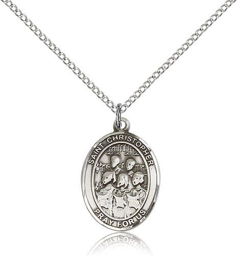 St Christopher Choir Medal, Sterling Silver, Medium - 18" 1.2mm Sterling Silver Chain + Clasp