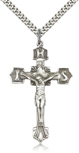 Crucifix Pendant, Sterling Silver - 24" 2.4mm Rhodium Plate Endless Chain