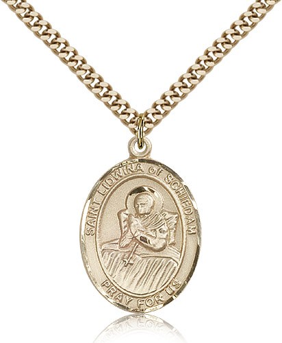 St. Lidwina of Schiedam Medal, Gold Filled, Large - 24" 2.4mm Gold Plated Chain + Clasp