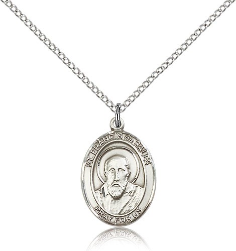St. Francis De Sales Medal, Sterling Silver, Medium - 18" 1.2mm Sterling Silver Chain + Clasp