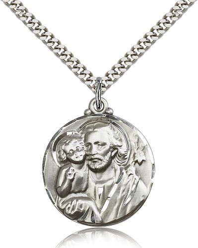 St. Joseph Medal, Sterling Silver - 24" 2.4mm Rhodium Plate Endless Chain
