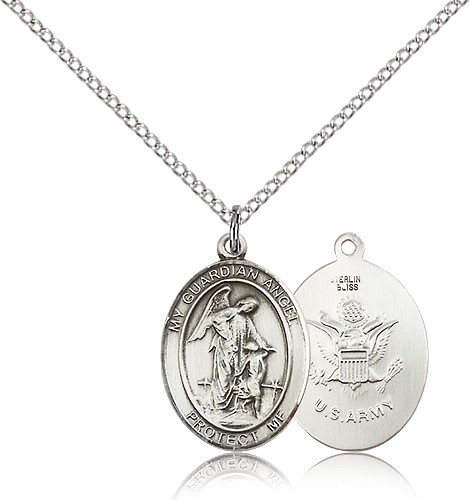Guardian Angel Army Medal, Sterling Silver, Medium - 18" 1.2mm Sterling Silver Chain + Clasp