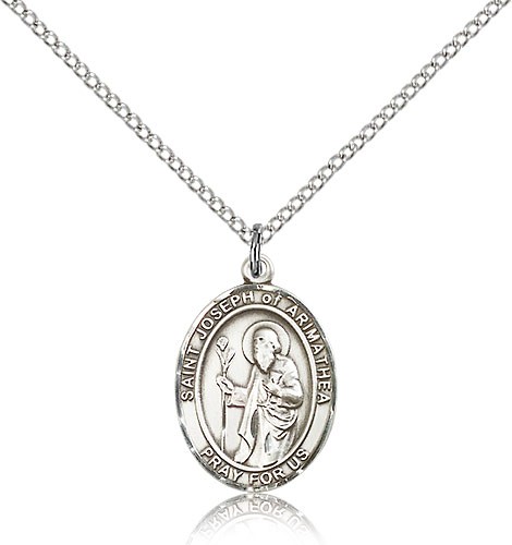 St. Joseph of Arimathea Medal, Sterling Silver, Medium - 18" 1.2mm Sterling Silver Chain + Clasp