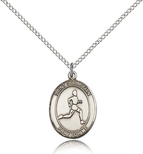 St. Sebastian Track and Field Medal, Sterling Silver, Medium - 18" 1.2mm Sterling Silver Chain + Clasp