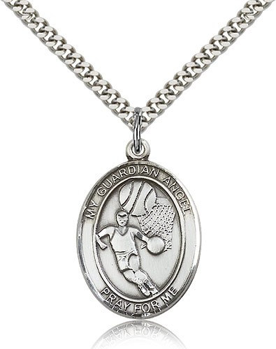 Guardian Angel Basketball Medal, Sterling Silver, Large - 24" 2.4mm Rhodium Plate Chain + Clasp