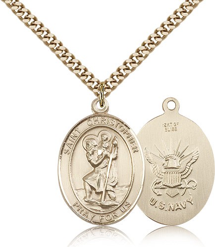 St. Christopher Navy Medal, Gold Filled, Large - 24" 2.4mm Gold Plated Chain + Clasp